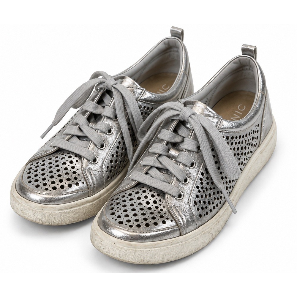 Vionic Winny Perf Sneakers Women 8 Silver Metallic Leather Lace Up Comfort